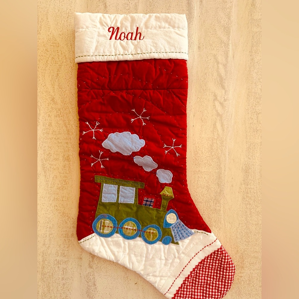 Pottery Barn Vintage Quilted Christmas Stocking Train Noah